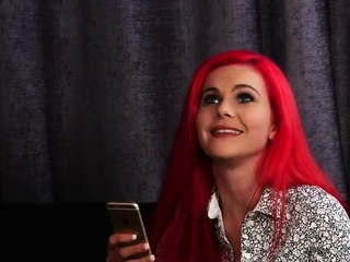 Busty redhead voyeur watching wanker and shows upskirt