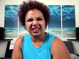 Chubby amateur with large organic tits loves sucking cock