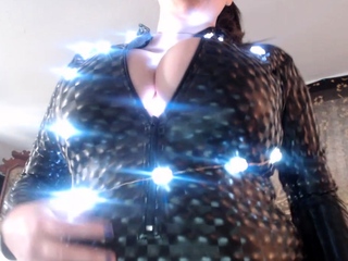 Busty curly brunette with huge boobs fucks on couch