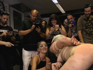 Public BDSM DP 3some for pathetic slut