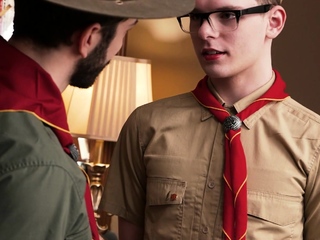 Hairy DILF scoutmaster seduces attractive young scout in workplace