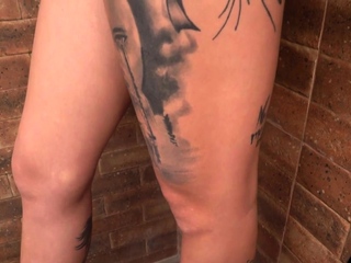 Petite tattooed tranny fucked in ass by large black cock