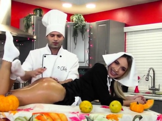 Chef taking part in with assistants oily butt