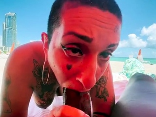 Gia Beautiful sucks Louie’s Big cock on Public Seashore