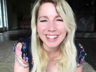 Masturbating busty blonde teen on sofa with massive toys